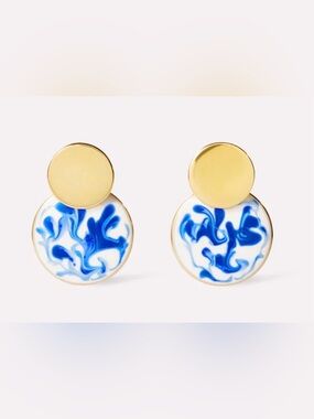 Ana Luisa Gold with Blue Swirl Enamel Discs Chinoiserie Earrings